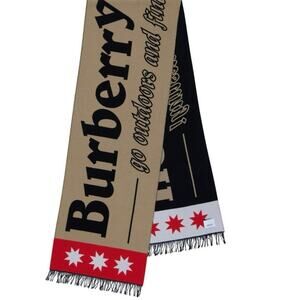 Burberry Logo Pattern Wool-Silk Football Scarf Fringe One Size NWT